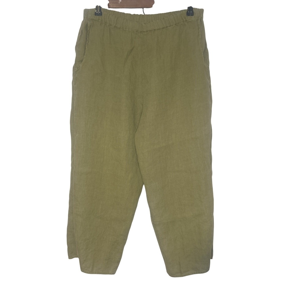 FLAX Jeanne Engelhart Olive Green Linen Wide Leg Pants Pull-on Size Small